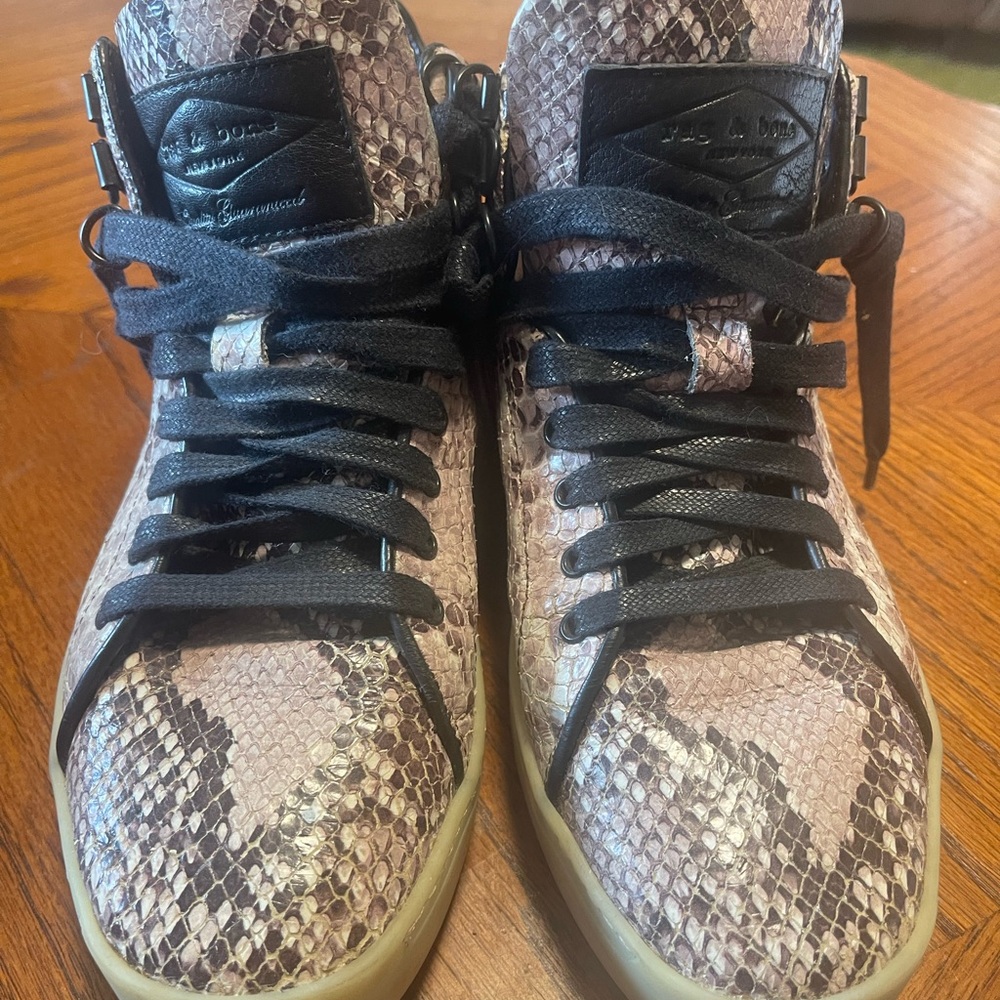 rag & bone Snakeskin-Print High-Top Sneakers in Black and Tan